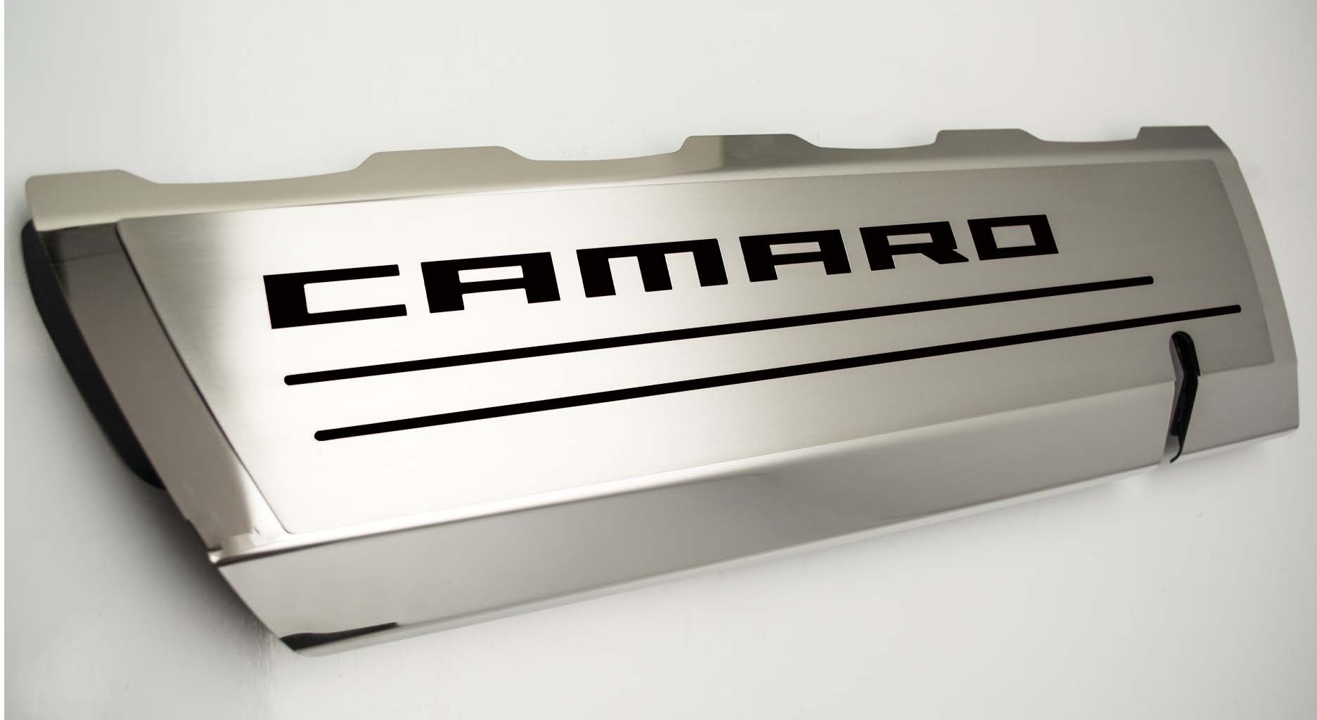 Light Gray 2016-2021 Camaro SS - Fuel Rail Cover Overlays with CAMARO Cutout 2Pc - Polished Stainless Steel