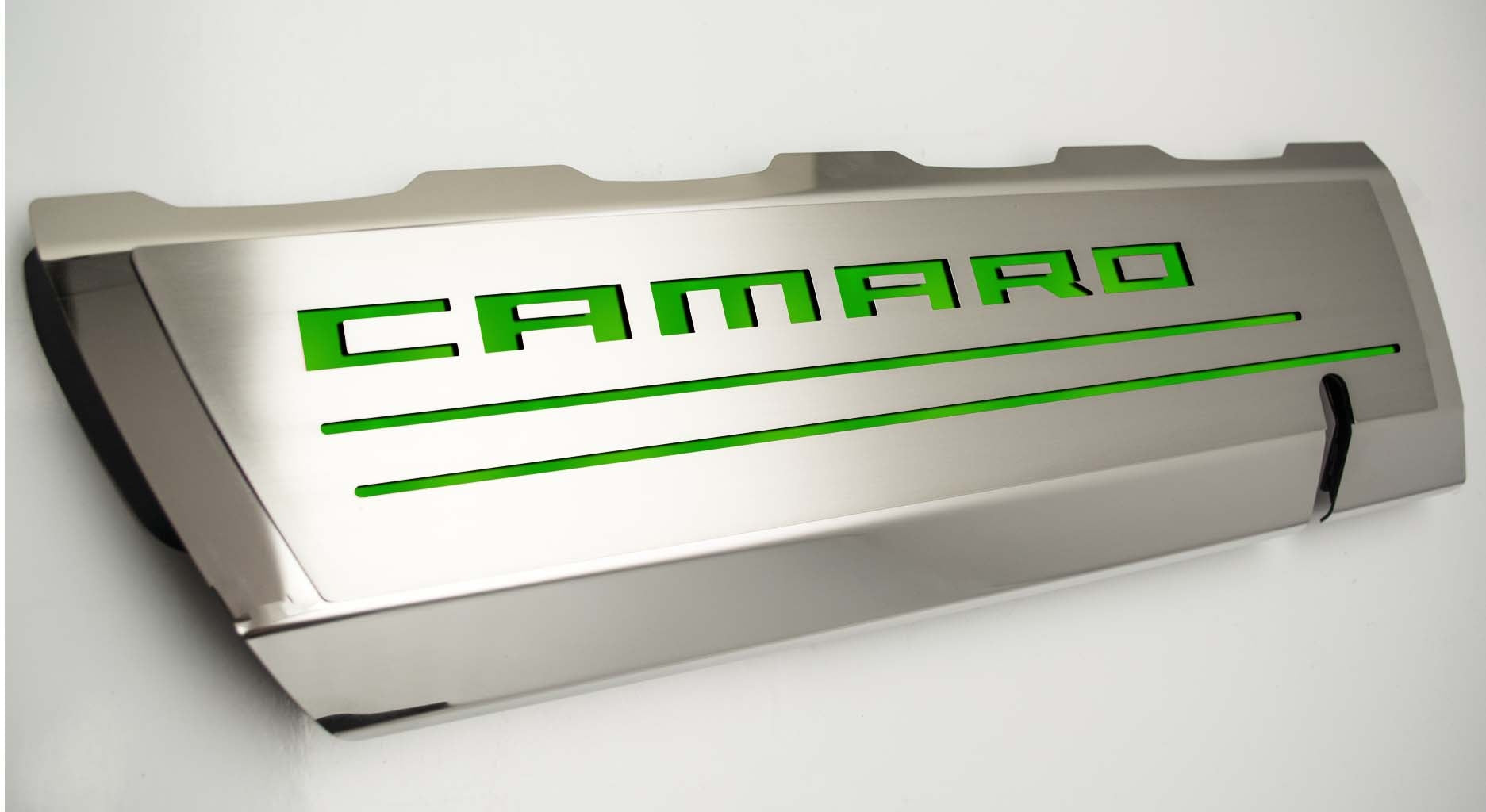 Light Gray 2016-2021 Camaro SS - Fuel Rail Cover Overlays with CAMARO Cutout 2Pc - Polished Stainless Steel