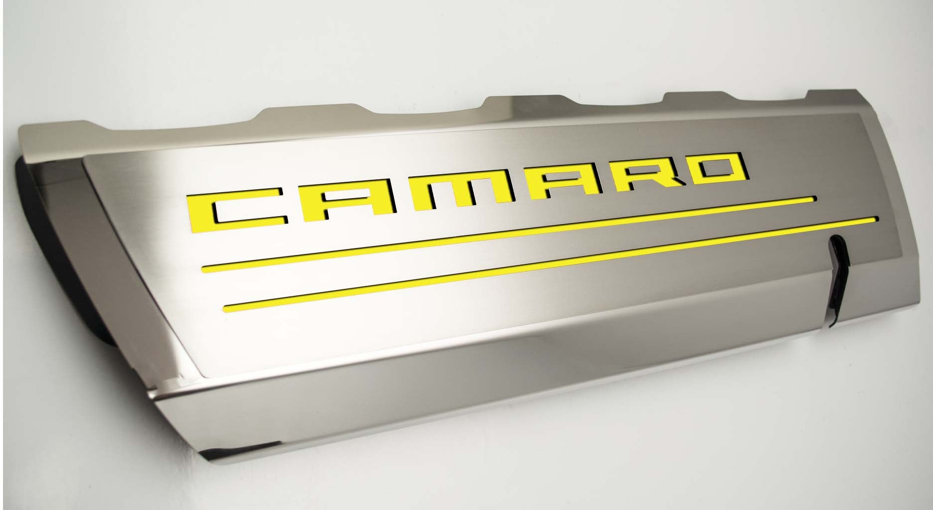 Light Gray 2016-2021 Camaro SS - Fuel Rail Cover Overlays with CAMARO Cutout 2Pc - Polished Stainless Steel