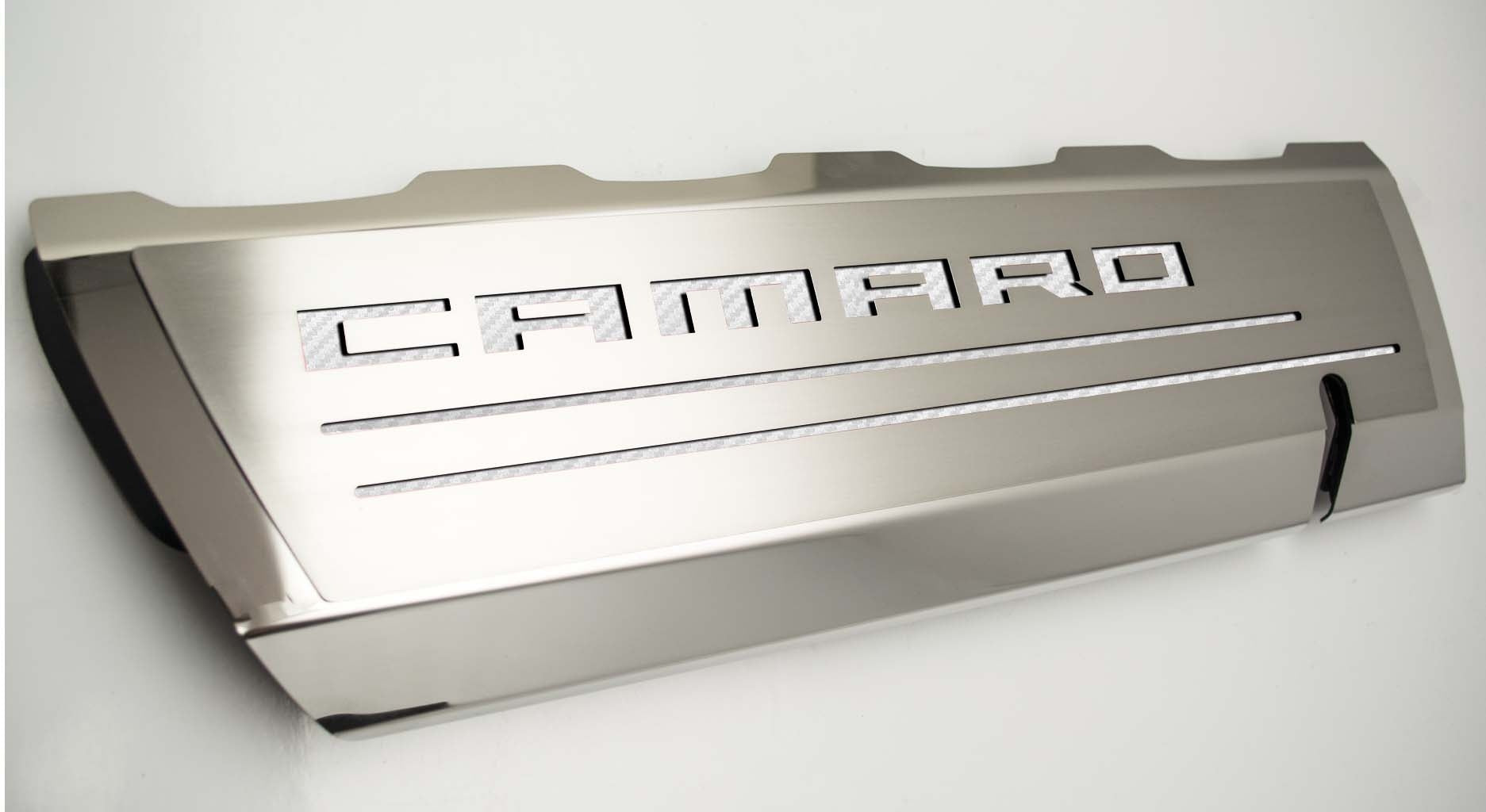 Light Gray 2016-2021 Camaro SS - Fuel Rail Cover Overlays with CAMARO Cutout 2Pc - Polished Stainless Steel