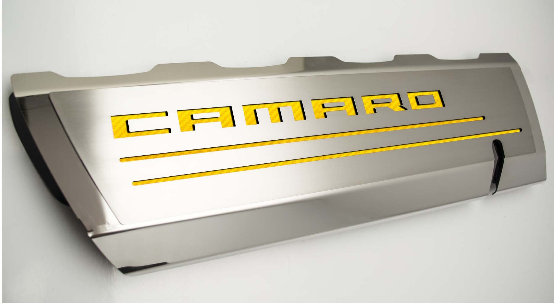 Light Gray 2016-2021 Camaro SS - Fuel Rail Cover Overlays with CAMARO Cutout 2Pc - Polished Stainless Steel