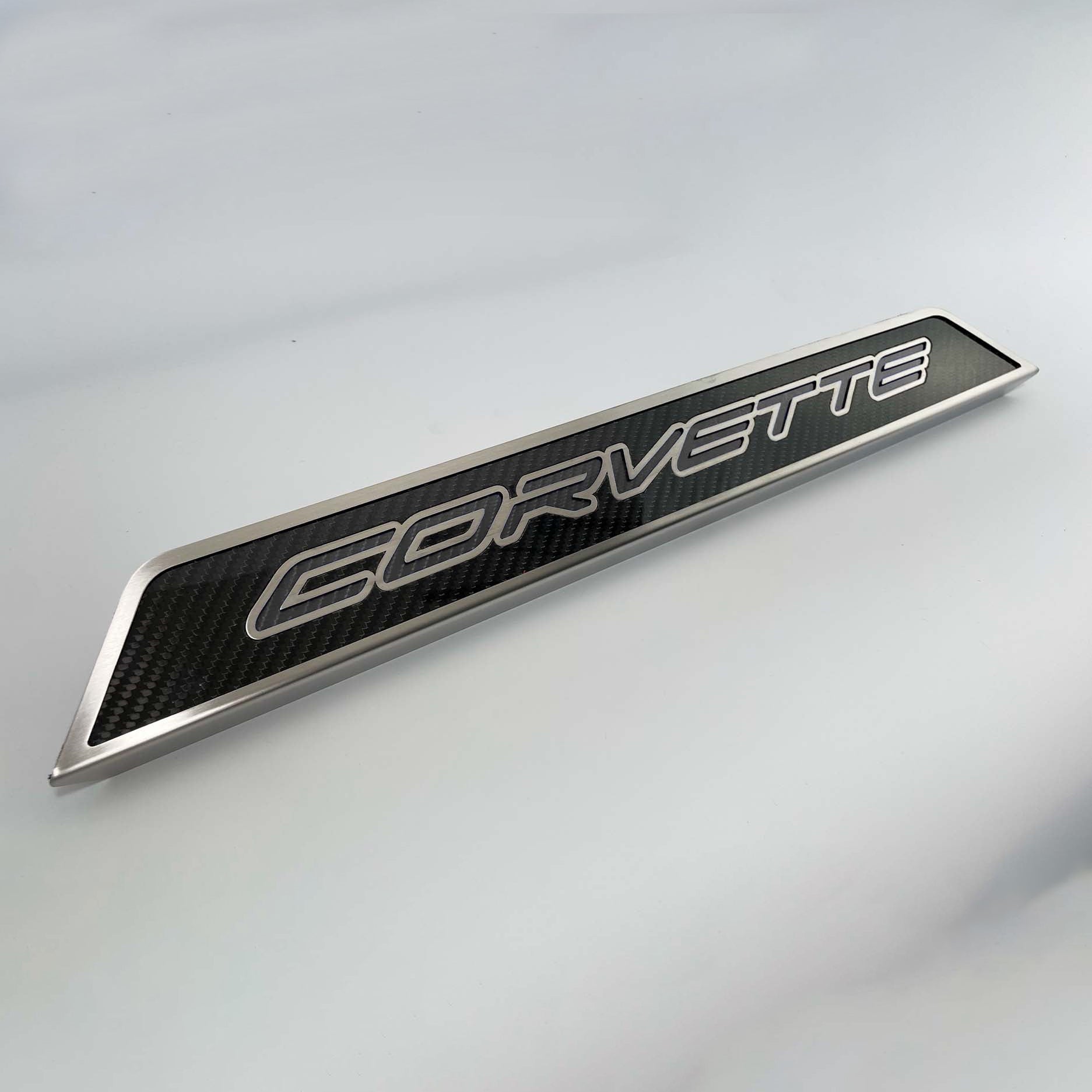 Light Gray 2020-2024 C8 Corvette - Replacement Door Sills Carbon Fiber w/Brushed Stainless Steel 'CORVETTE' Style Insert