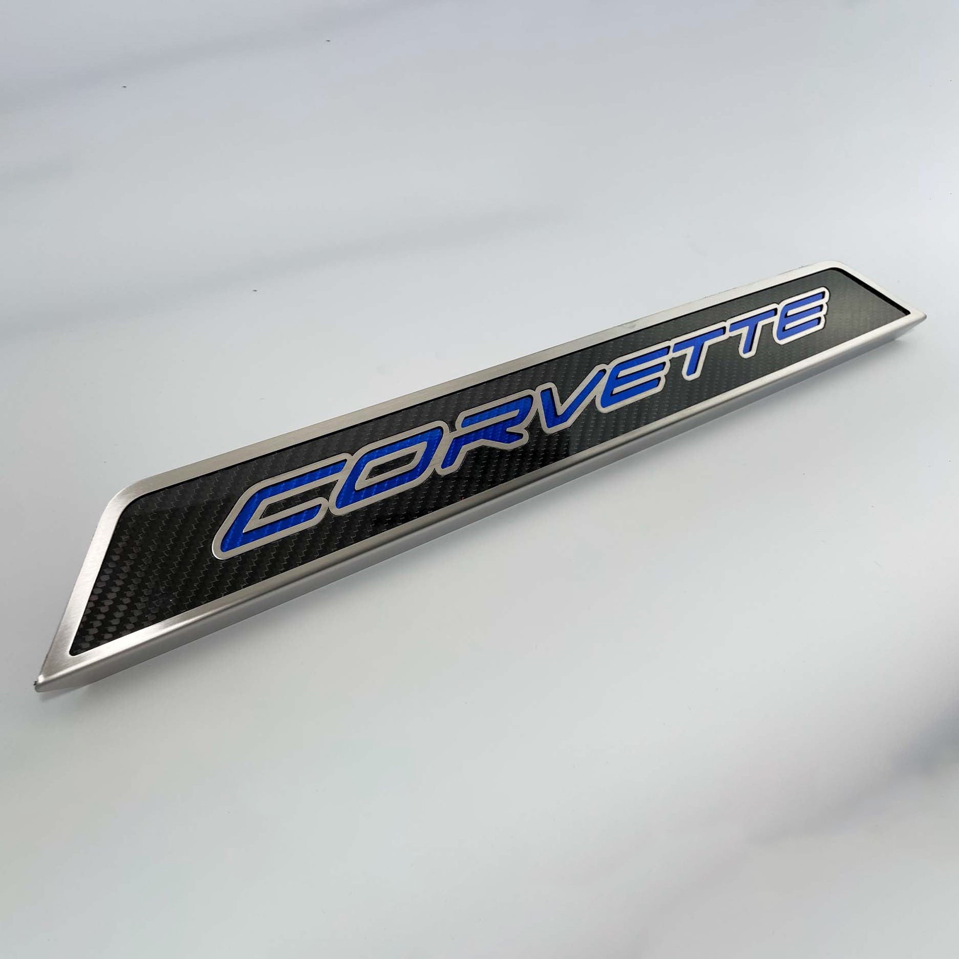 Light Gray 2020-2024 C8 Corvette - Replacement Door Sills Carbon Fiber w/Brushed Stainless Steel 'CORVETTE' Style Insert