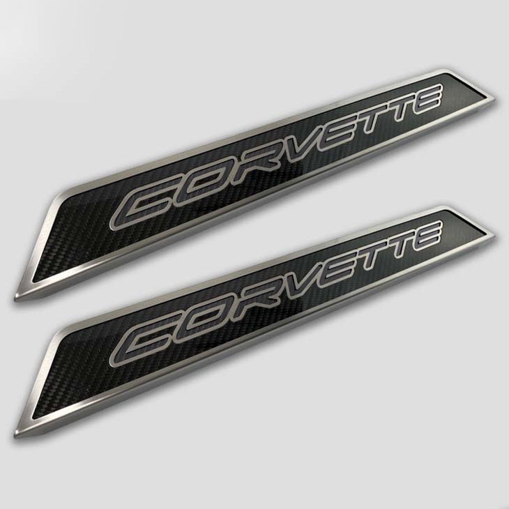 Light Gray 2020-2024 C8 Corvette - Replacement Door Sills Carbon Fiber w/Brushed Stainless Steel 'CORVETTE' Style Insert