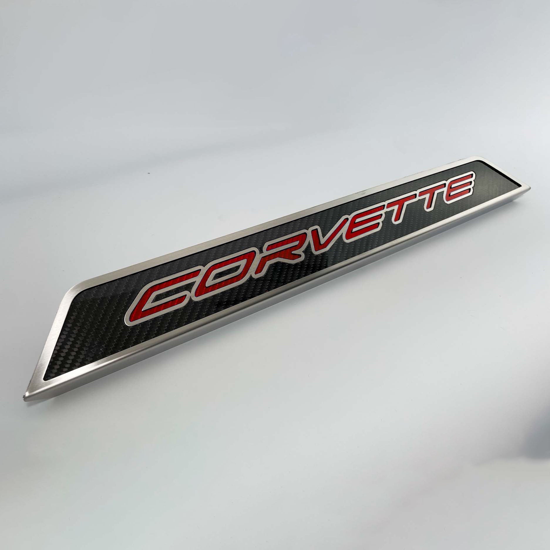 Light Gray 2020-2024 C8 Corvette - Replacement Door Sills Carbon Fiber w/Brushed Stainless Steel 'CORVETTE' Style Insert