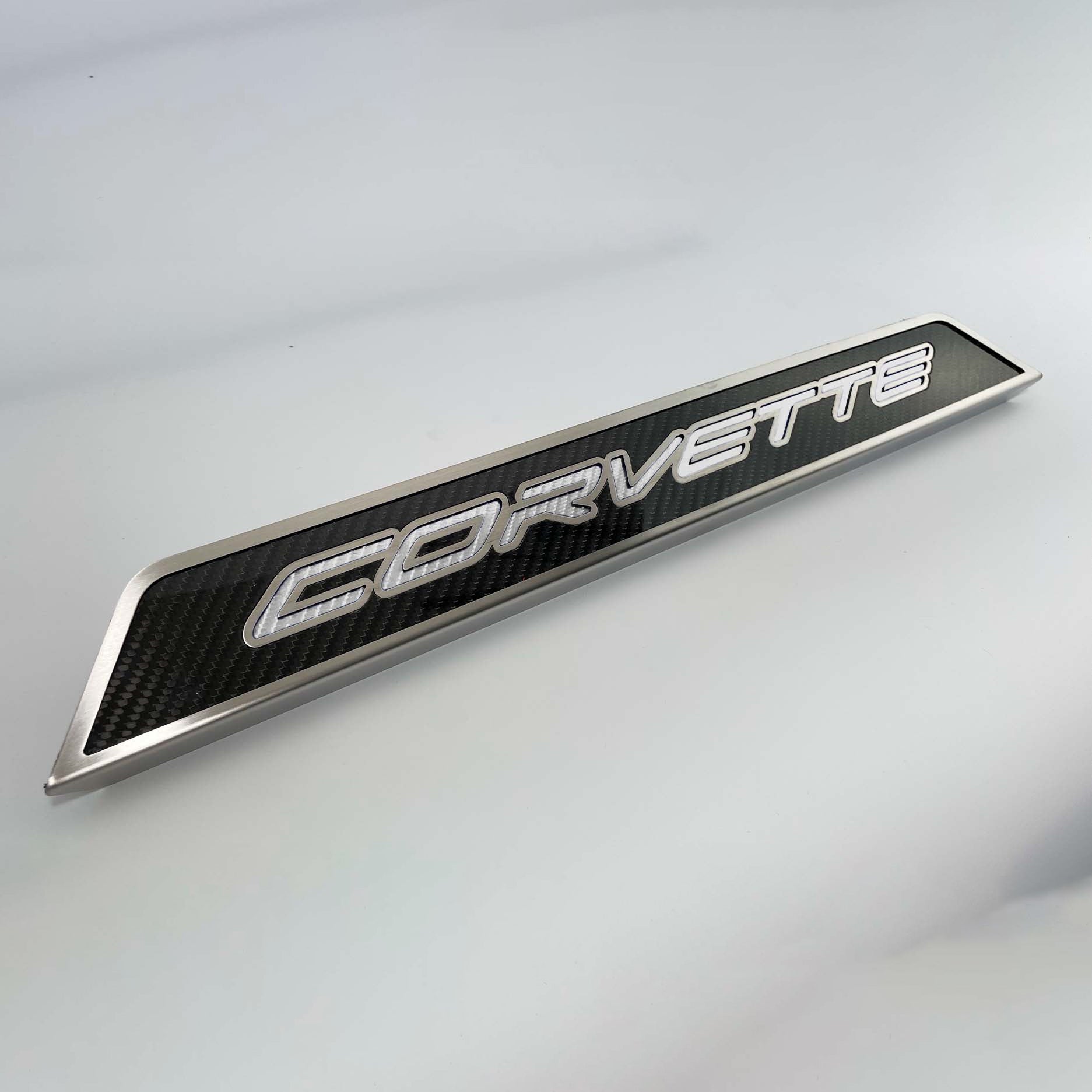 Light Gray 2020-2024 C8 Corvette - Replacement Door Sills Carbon Fiber w/Brushed Stainless Steel 'CORVETTE' Style Insert