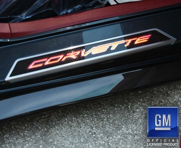 2020-2024 C8 Corvette - Replacement Door Sills Carbon Fiber w/Brushed Stainless Steel 'Corvette' Style Insert Illuminated - LED