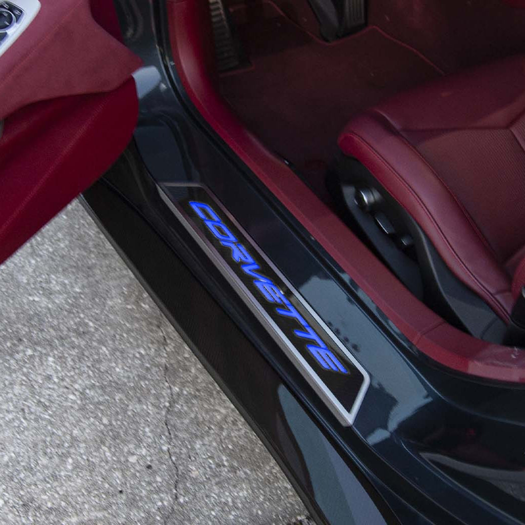 Black 2020-2024 C8 Corvette - Replacement Door Sills Carbon Fiber w/Brushed Stainless Steel 'Corvette' Style Insert Illuminated - LED