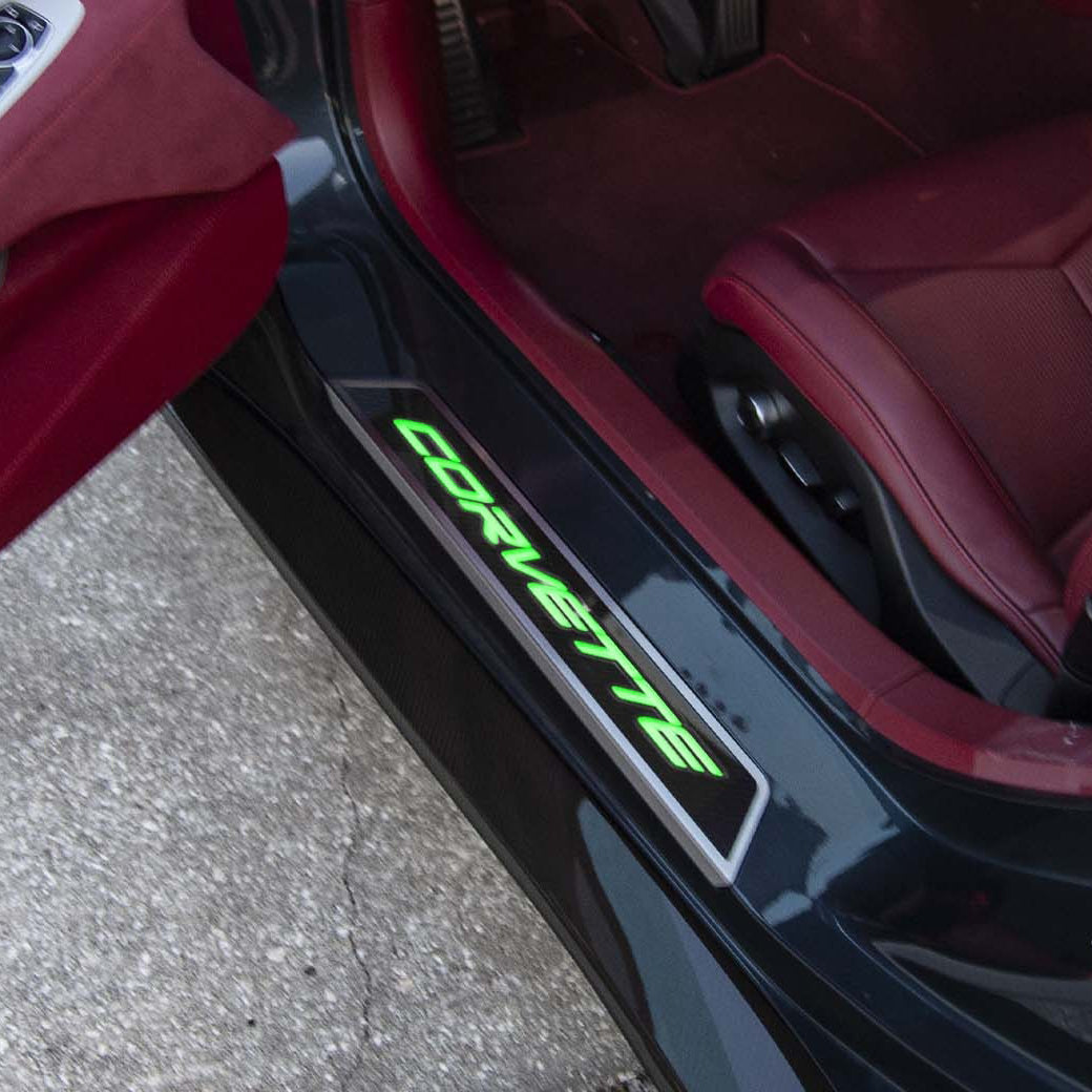 Black 2020-2024 C8 Corvette - Replacement Door Sills Carbon Fiber w/Brushed Stainless Steel 'Corvette' Style Insert Illuminated - LED