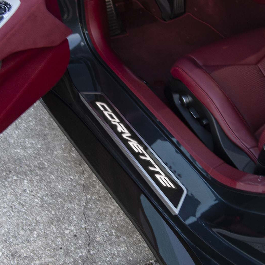 Dark Slate Gray 2020-2024 C8 Corvette - Replacement Door Sills Carbon Fiber w/Brushed Stainless Steel 'Corvette' Style Insert Illuminated - LED