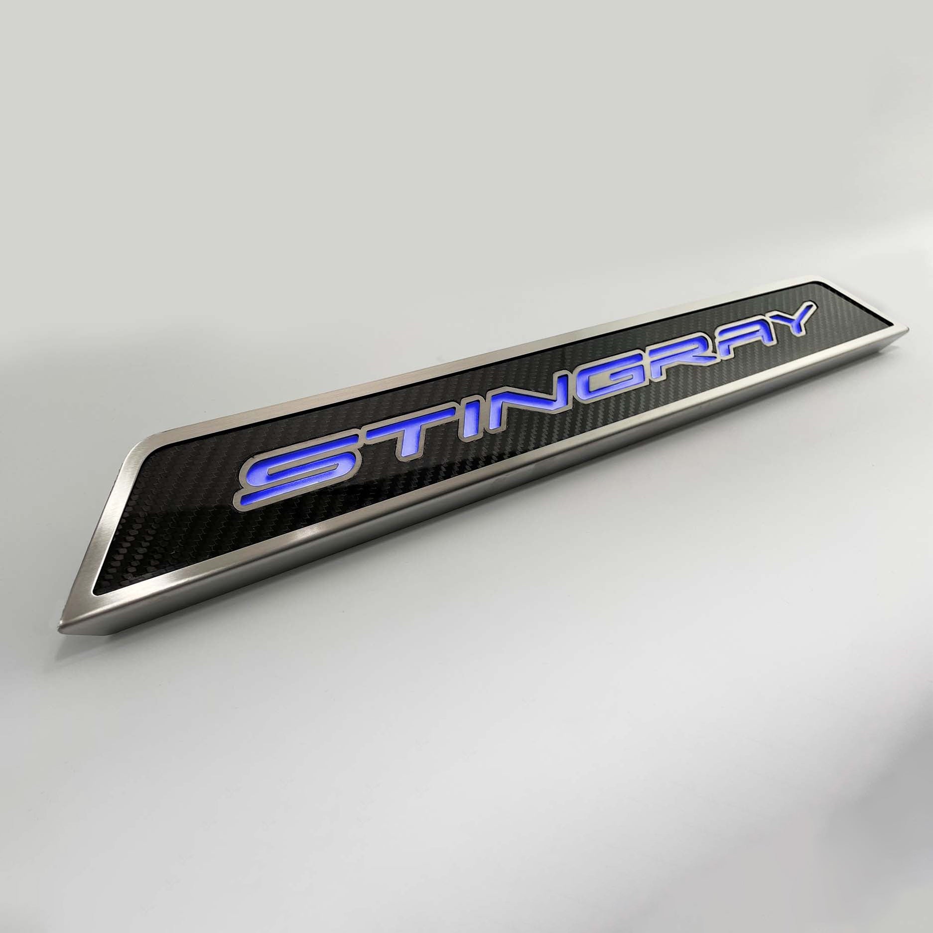 Light Gray 2020-2024 C8 Corvette - Replacement Door Sills Carbon Fiber w/Brushed Stainless Steel 'Stingray' Style Illuminated - LED