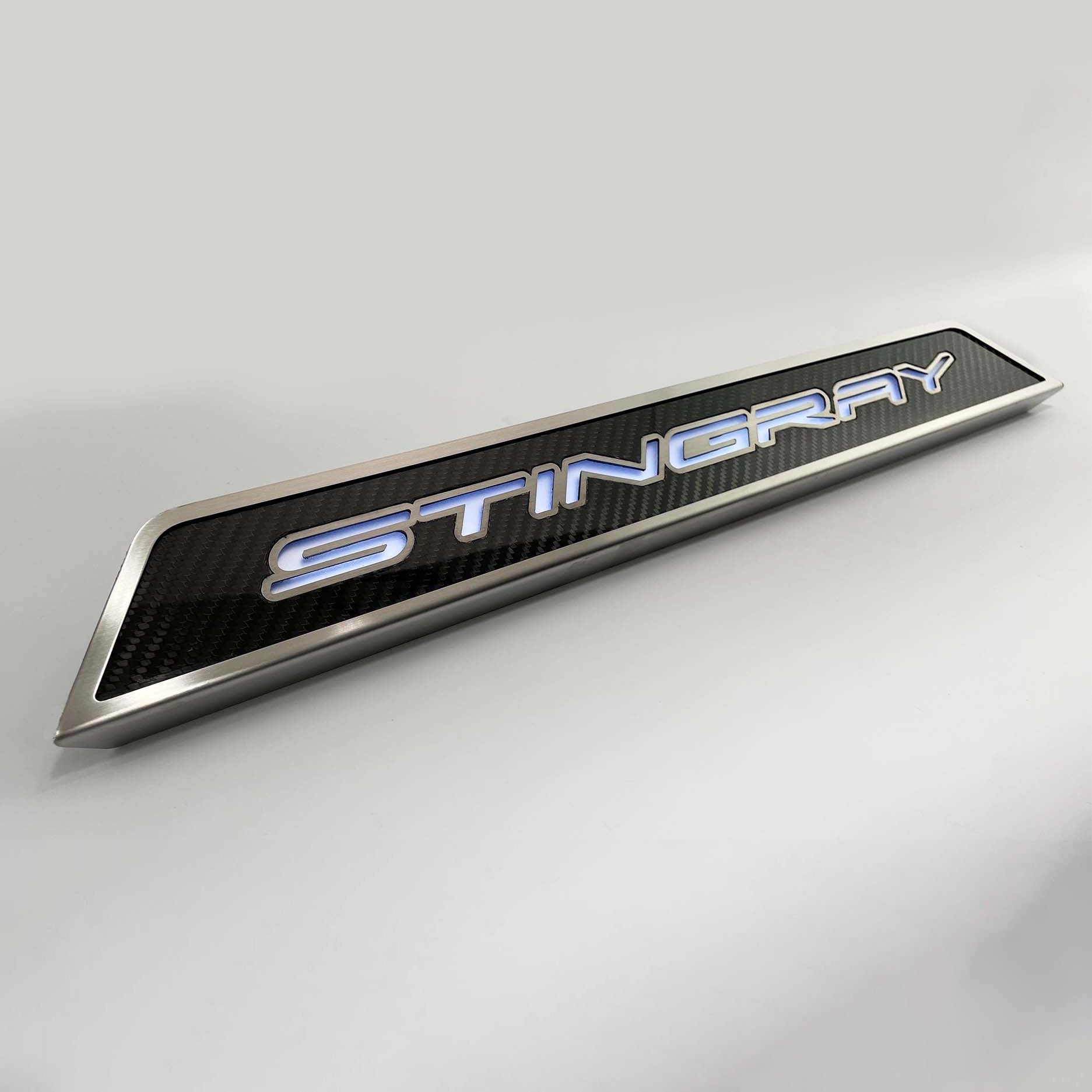 Light Gray 2020-2024 C8 Corvette - Replacement Door Sills Carbon Fiber w/Brushed Stainless Steel 'Stingray' Style Illuminated - LED