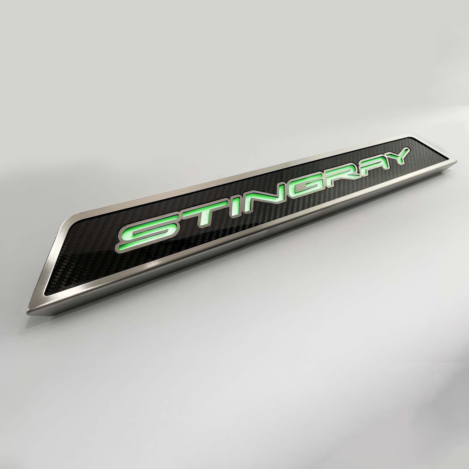 Light Gray 2020-2024 C8 Corvette - Replacement Door Sills Carbon Fiber w/Brushed Stainless Steel 'Stingray' Style Illuminated - LED