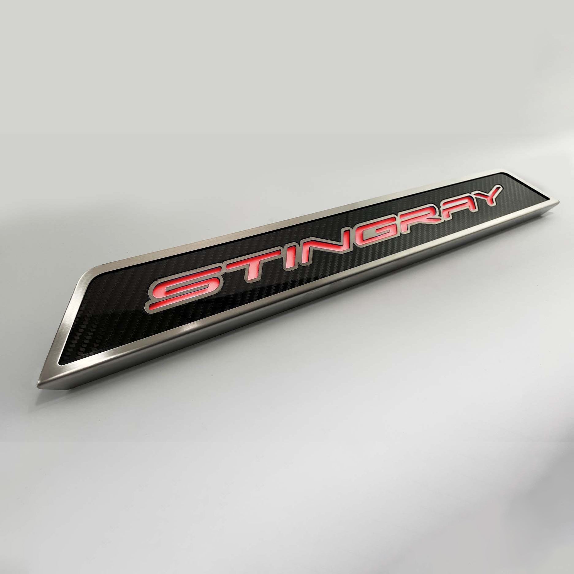 Light Gray 2020-2024 C8 Corvette - Replacement Door Sills Carbon Fiber w/Brushed Stainless Steel 'Stingray' Style Illuminated - LED