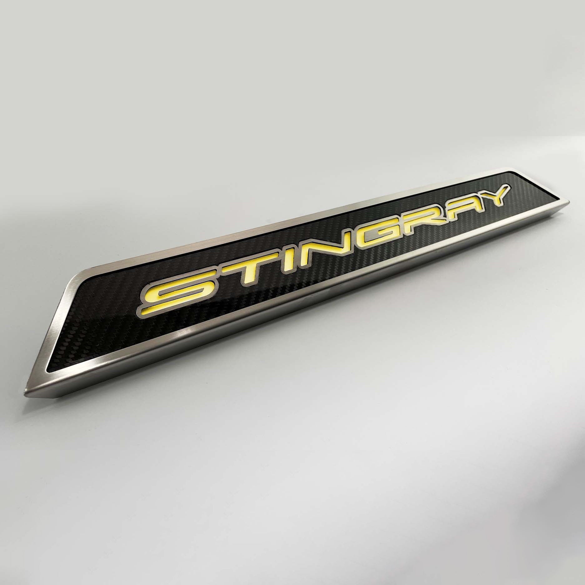 Light Gray 2020-2024 C8 Corvette - Replacement Door Sills Carbon Fiber w/Brushed Stainless Steel 'Stingray' Style Illuminated - LED