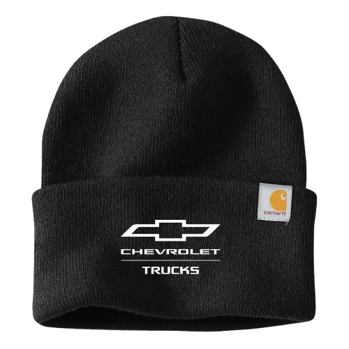 Black beanie with Chevrolet Trucks logo and Carhartt label on a white background