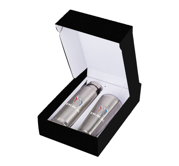 Two silver tumblers with a logo in a black and white box