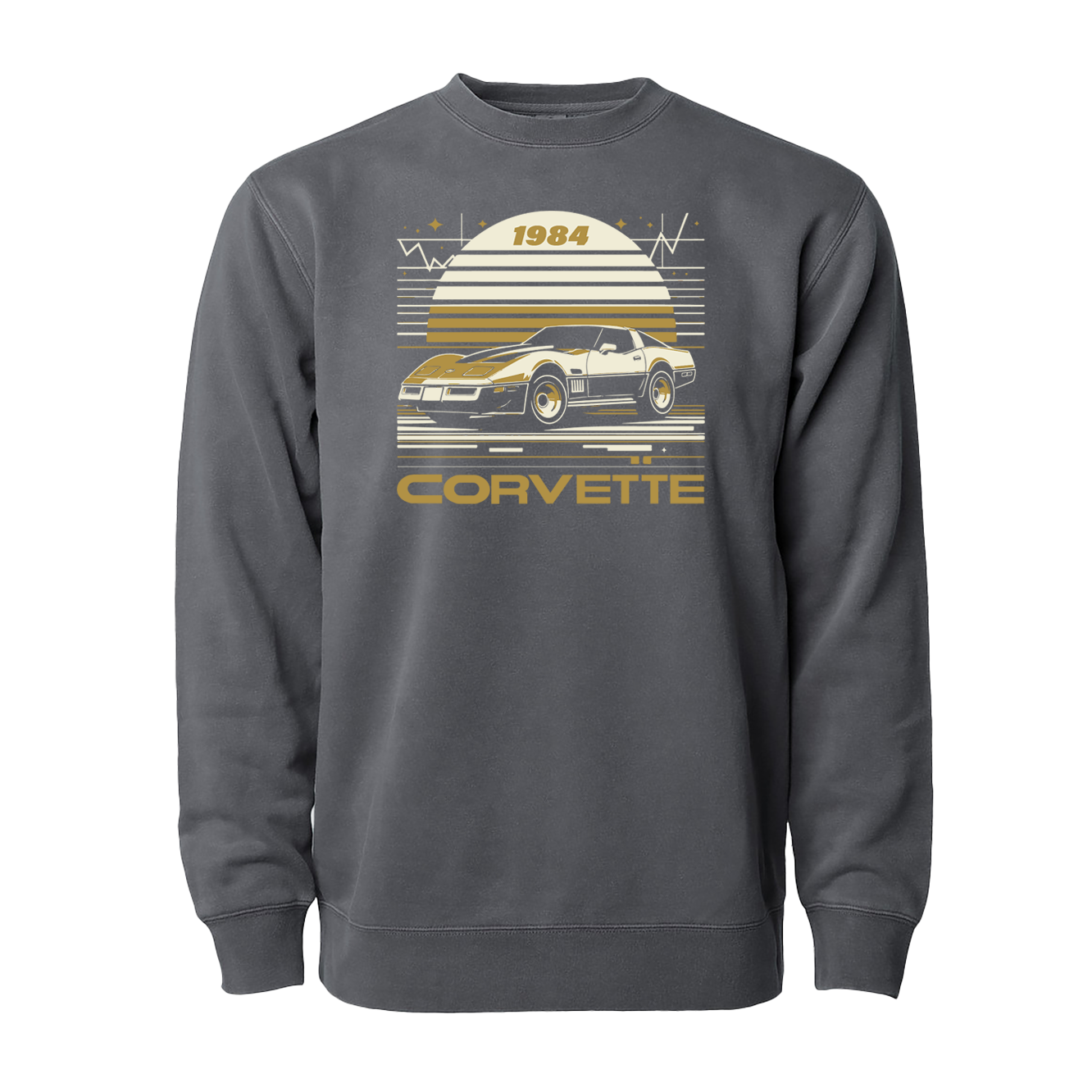 A gray crewneck sweatshirt with a graphic of a 1984 Corvette car on the front.