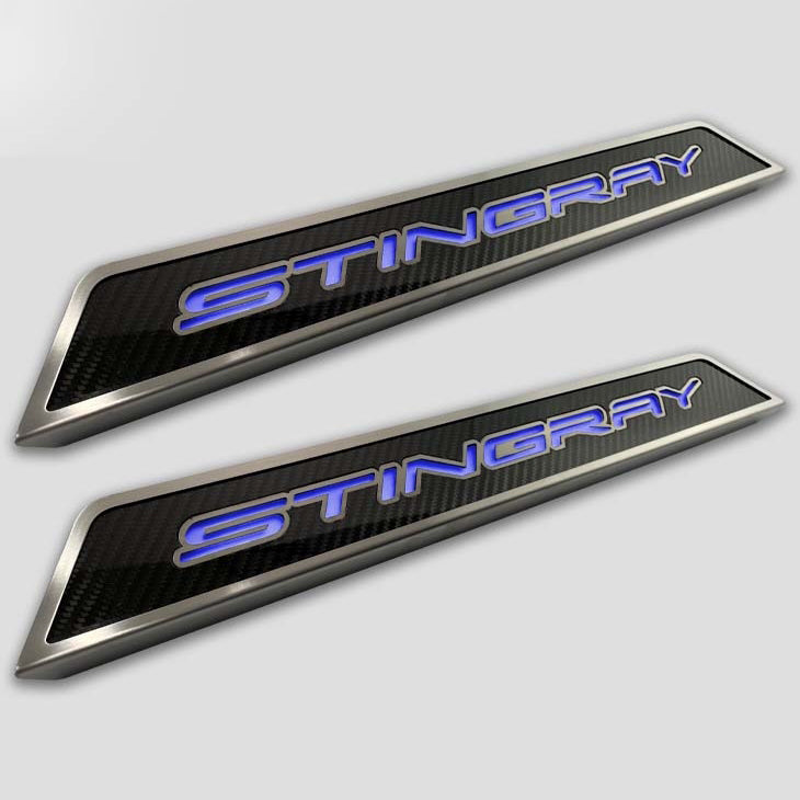 Light Gray 2020-2024 C8 Corvette - Replacement Door Sills Carbon Fiber w/Brushed Stainless Steel 'Stingray' Style Illuminated - LED