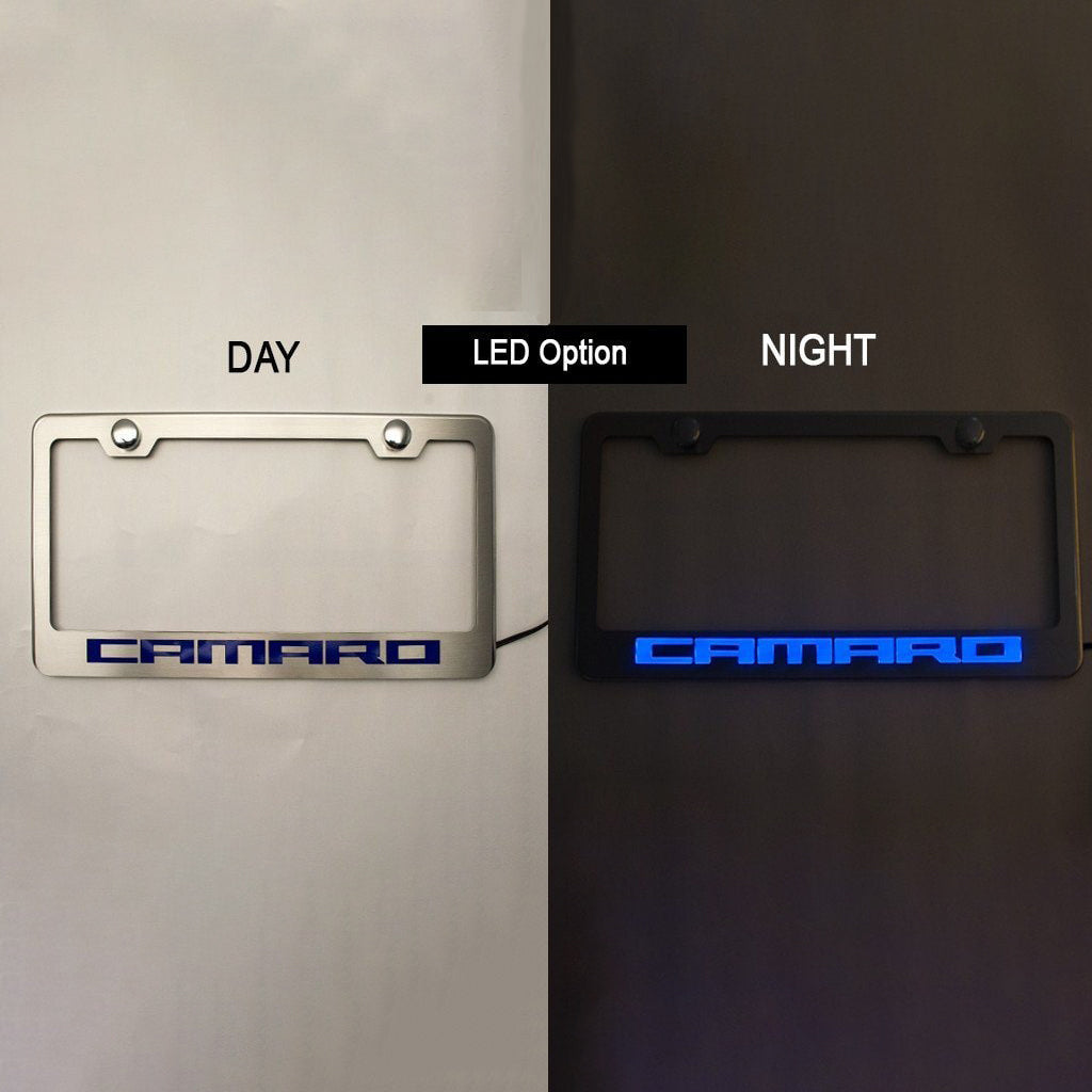 Dark Slate Gray Camaro - License Plate Frame with CAMARO Lettering | Stainless Steel, Choose Vinyl or LED Color