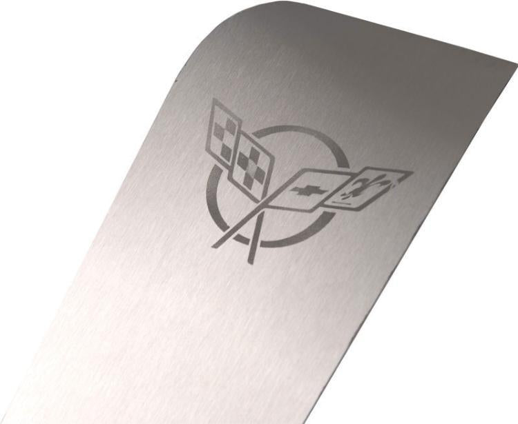 Light Gray 1997-2004 C5/Z06 Corvette - Outer Door Sills Etched C5 Logo & CORVETTE Lettering 2Pc - Brushed Stainless