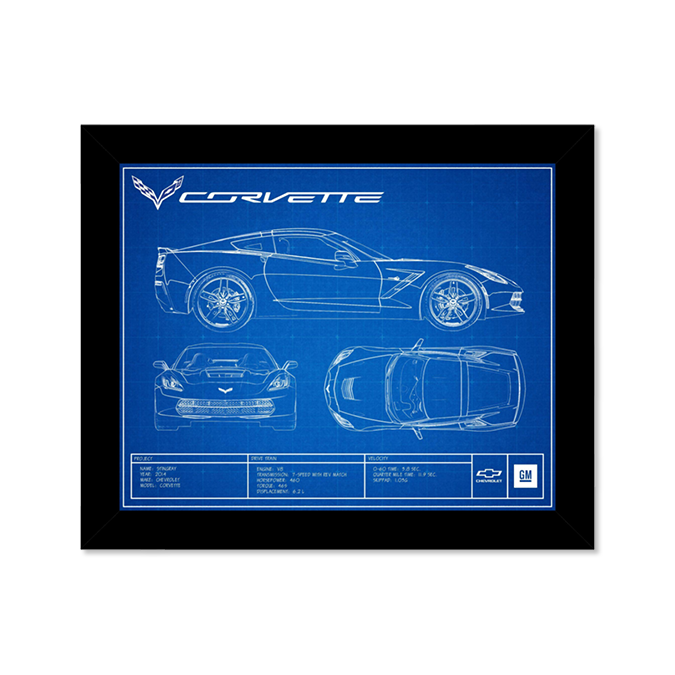 Dark Cyan Corvette C7 Blueprint Framed Canvas