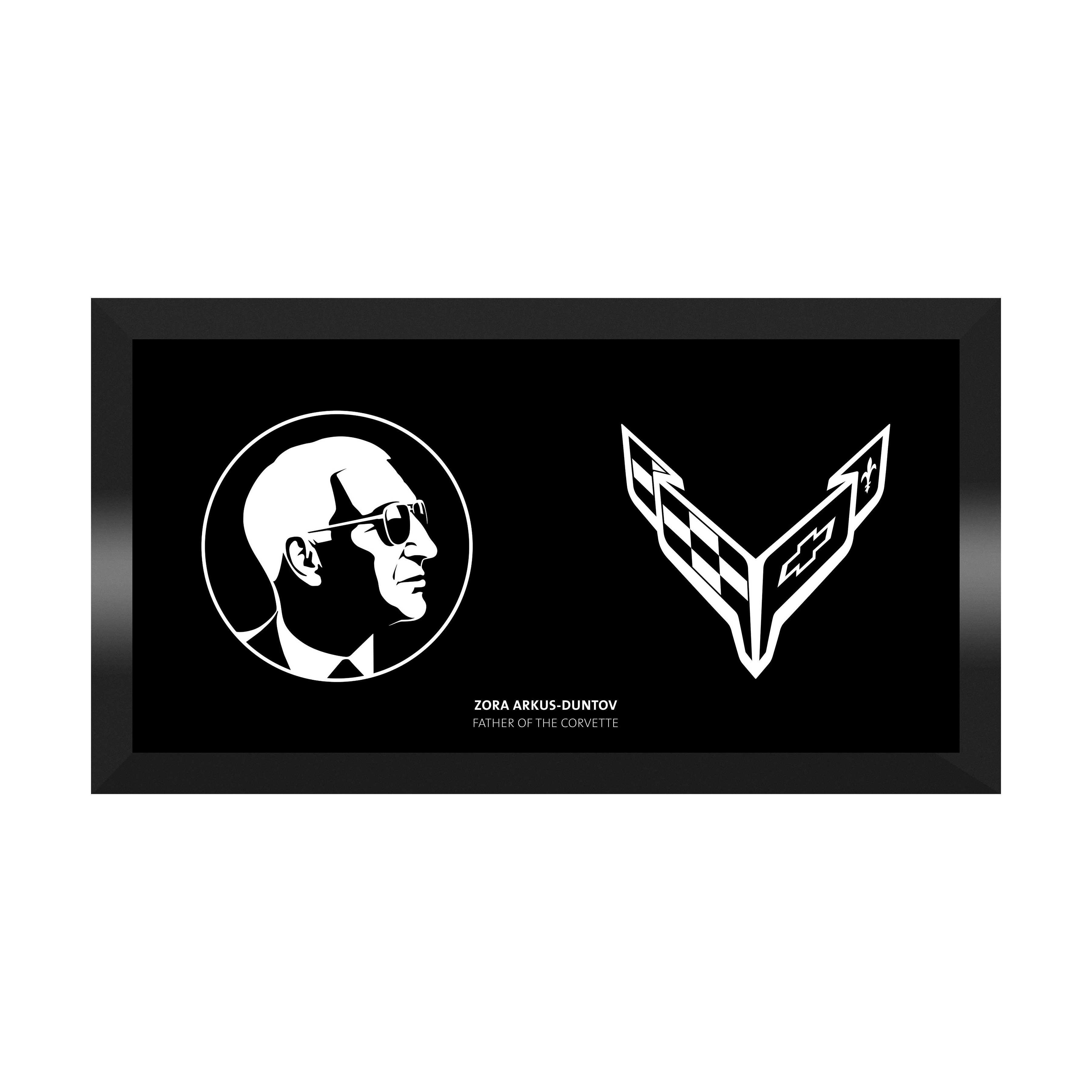 Black Zora "Father Of The Corvette" Corvette C8 Crossflags Framed Printed Canvas Art