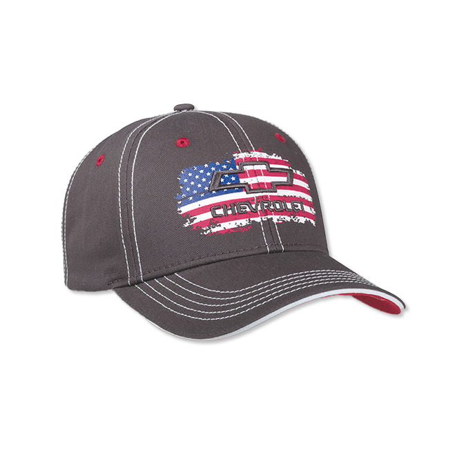 Dim Gray Chevy Bowtie Gray Twill Flag Cap W/ Red Visor