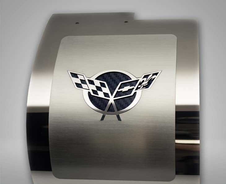 1997-2004 C5 Corvette - Deluxe Alternator Cover w/Crossed Flags Carbon Fiber Vinyl Inlay - Polished and Brushed Finish