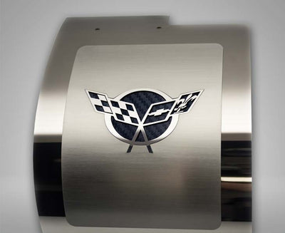 Dark Gray 1997-2004 C5 Corvette - Deluxe Alternator Cover w/Crossed Flags Carbon Fiber Vinyl Inlay - Polished and Brushed Finish