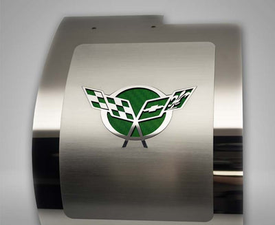 Dark Gray 1997-2004 C5 Corvette - Deluxe Alternator Cover w/Crossed Flags Carbon Fiber Vinyl Inlay - Polished and Brushed Finish