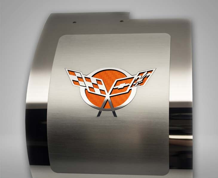 Dark Gray 1997-2004 C5 Corvette - Deluxe Alternator Cover w/Crossed Flags Carbon Fiber Vinyl Inlay - Polished and Brushed Finish