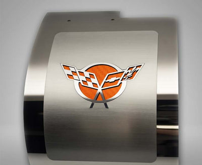 Dark Gray 1997-2004 C5 Corvette - Deluxe Alternator Cover w/Crossed Flags Carbon Fiber Vinyl Inlay - Polished and Brushed Finish