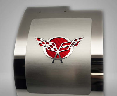 Dark Gray 1997-2004 C5 Corvette - Deluxe Alternator Cover w/Crossed Flags Carbon Fiber Vinyl Inlay - Polished and Brushed Finish