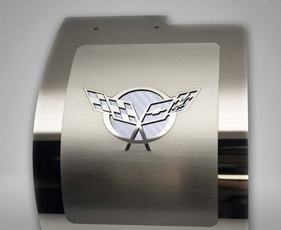 Dark Gray 1997-2004 C5 Corvette - Deluxe Alternator Cover w/Crossed Flags Carbon Fiber Vinyl Inlay - Polished and Brushed Finish