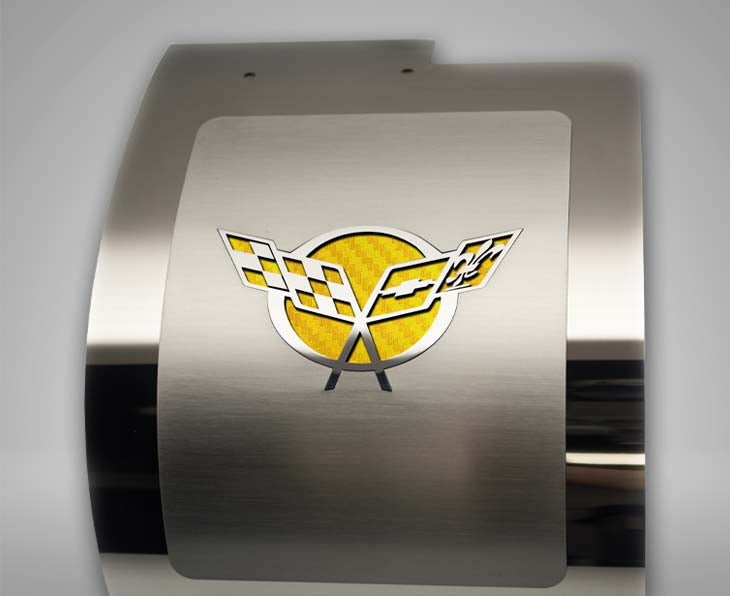 Dark Gray 1997-2004 C5 Corvette - Deluxe Alternator Cover w/Crossed Flags Carbon Fiber Vinyl Inlay - Polished and Brushed Finish