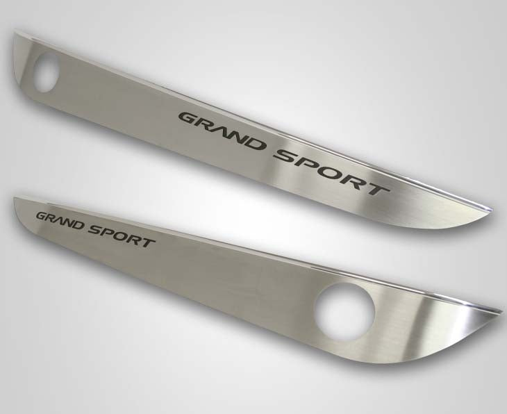 Light Gray 2010-2013 C6 Corvette - Door Guards with Grand Sport Inlay 2Pc - Brushed Stainless