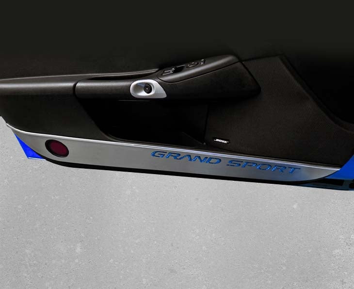 Black 2010-2013 C6 Corvette - Door Guards with Grand Sport Inlay 2Pc - Brushed Stainless
