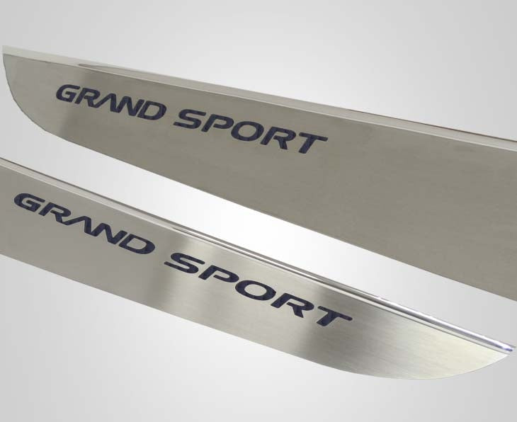 Light Gray 2010-2013 C6 Corvette - Door Guards with Grand Sport Inlay 2Pc - Brushed Stainless