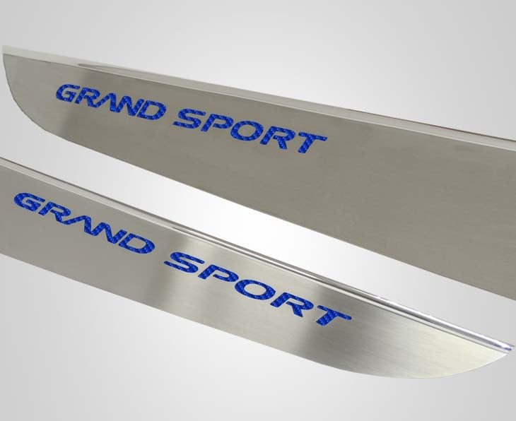 Light Gray 2010-2013 C6 Corvette - Door Guards with Grand Sport Inlay 2Pc - Brushed Stainless