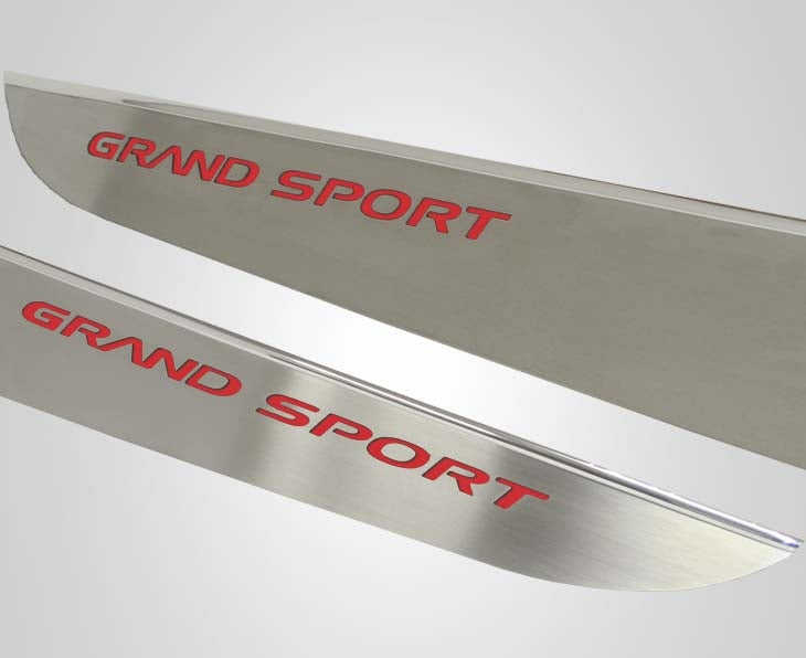 Light Gray 2010-2013 C6 Corvette - Door Guards with Grand Sport Inlay 2Pc - Brushed Stainless