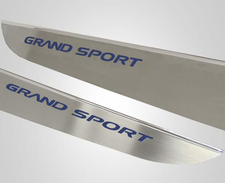 Light Gray 2010-2013 C6 Corvette - Door Guards with Grand Sport Inlay 2Pc - Brushed Stainless