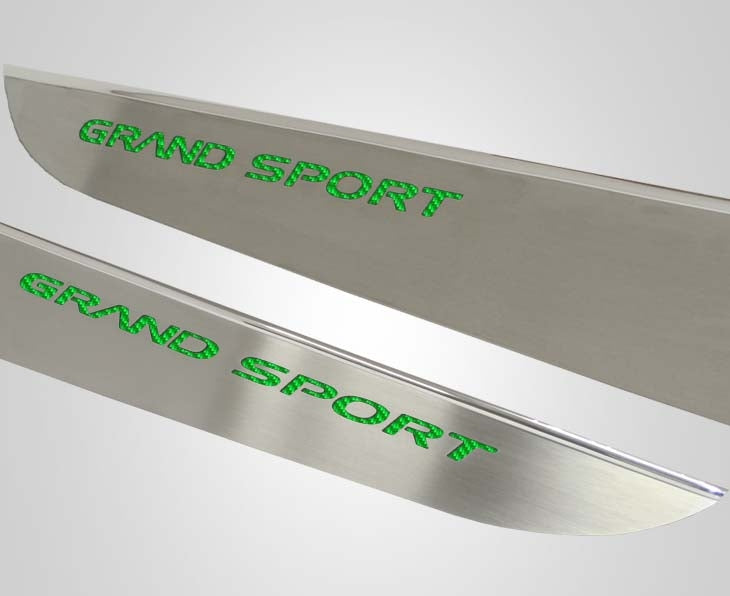 Light Gray 2010-2013 C6 Corvette - Door Guards with Grand Sport Inlay 2Pc - Brushed Stainless