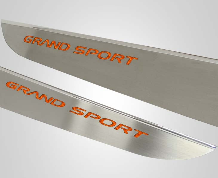 Light Gray 2010-2013 C6 Corvette - Door Guards with Grand Sport Inlay 2Pc - Brushed Stainless