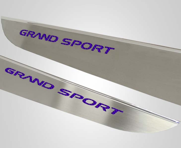 Light Gray 2010-2013 C6 Corvette - Door Guards with Grand Sport Inlay 2Pc - Brushed Stainless