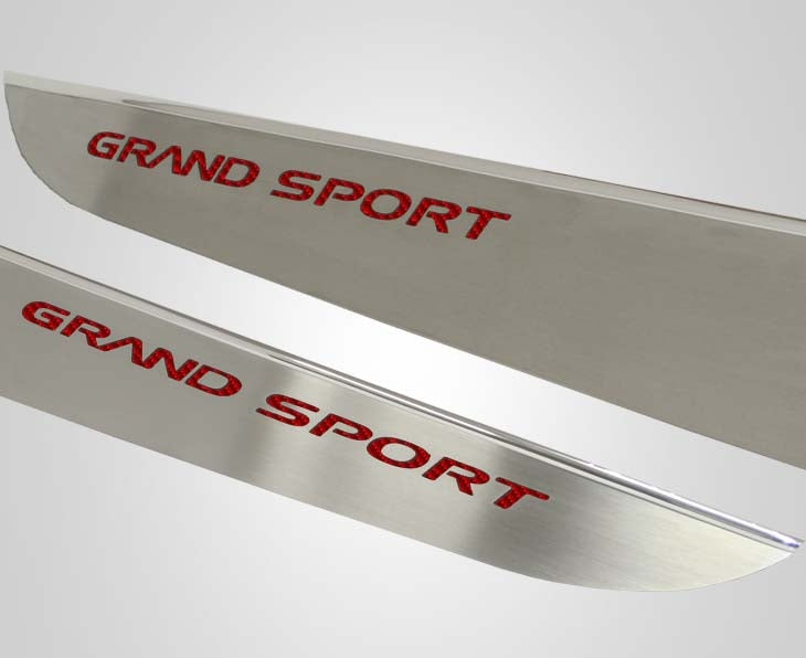 Light Gray 2010-2013 C6 Corvette - Door Guards with Grand Sport Inlay 2Pc - Brushed Stainless