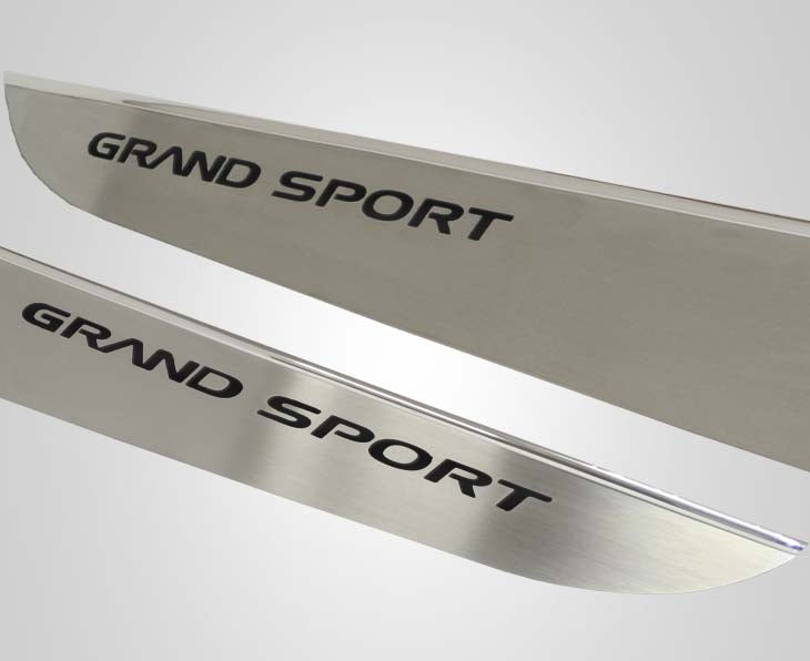 Light Gray 2010-2013 C6 Corvette - Door Guards with Grand Sport Inlay 2Pc - Brushed Stainless
