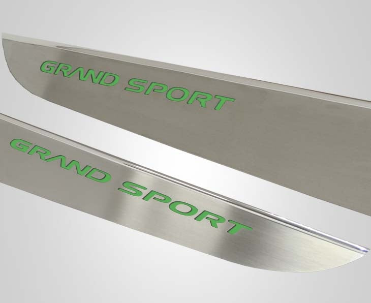 Light Gray 2010-2013 C6 Corvette - Door Guards with Grand Sport Inlay 2Pc - Brushed Stainless