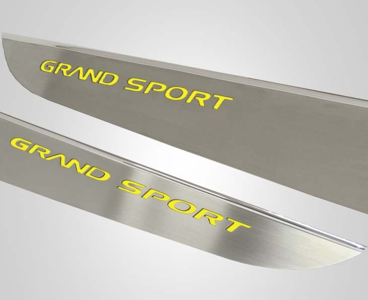 Light Gray 2010-2013 C6 Corvette - Door Guards with Grand Sport Inlay 2Pc - Brushed Stainless