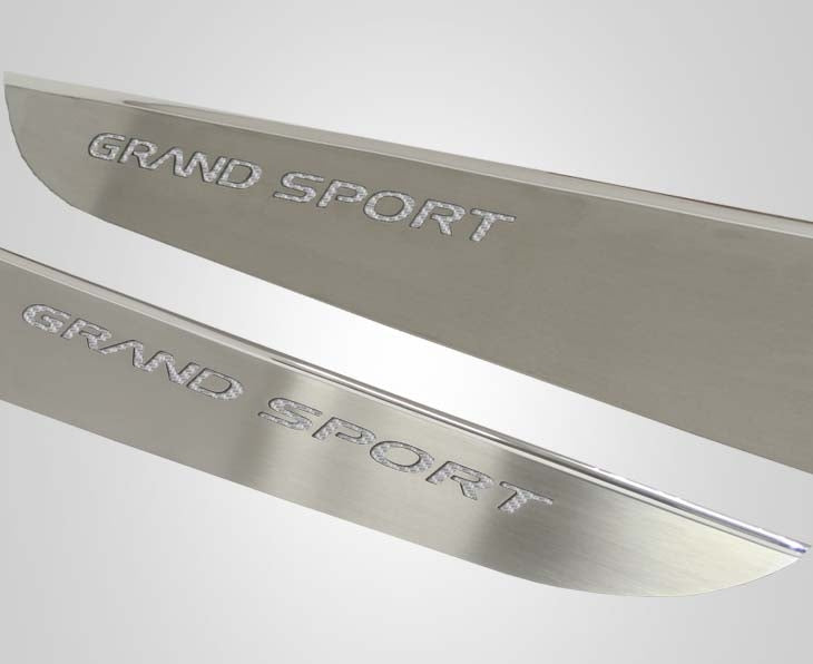Light Gray 2010-2013 C6 Corvette - Door Guards with Grand Sport Inlay 2Pc - Brushed Stainless